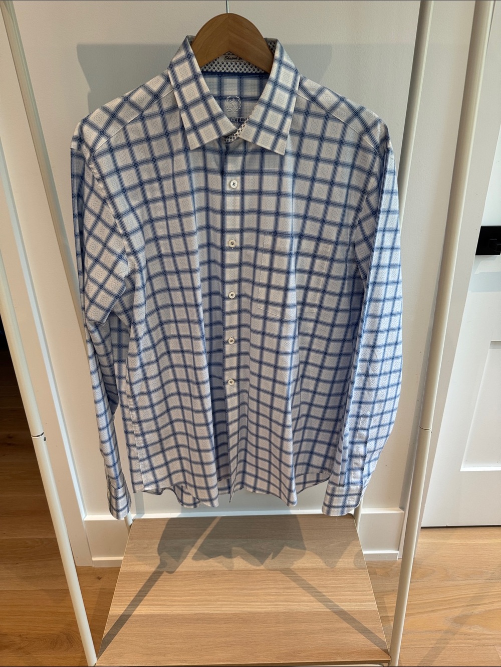 Bugatchi White Shirt with Blue Windowpane Check